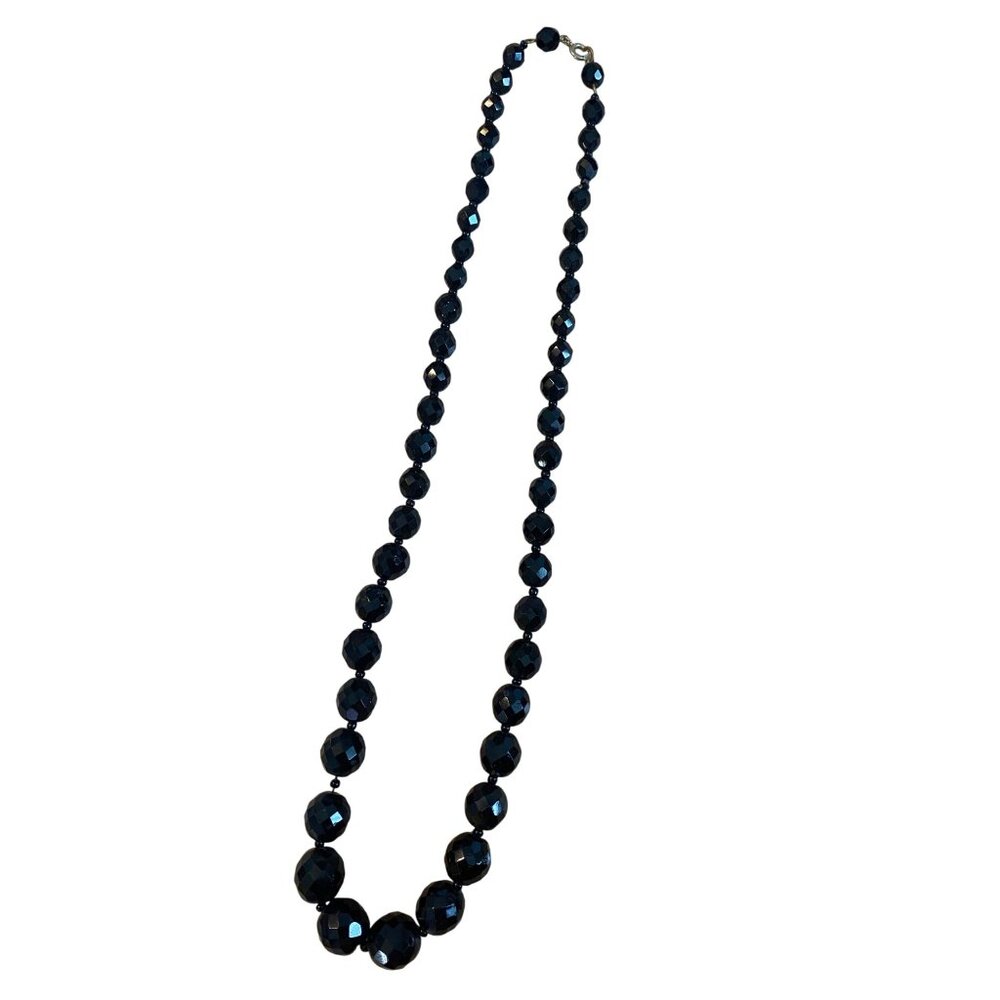 Vintage Black Faceted Bead Necklace With Spring Ring Clasp